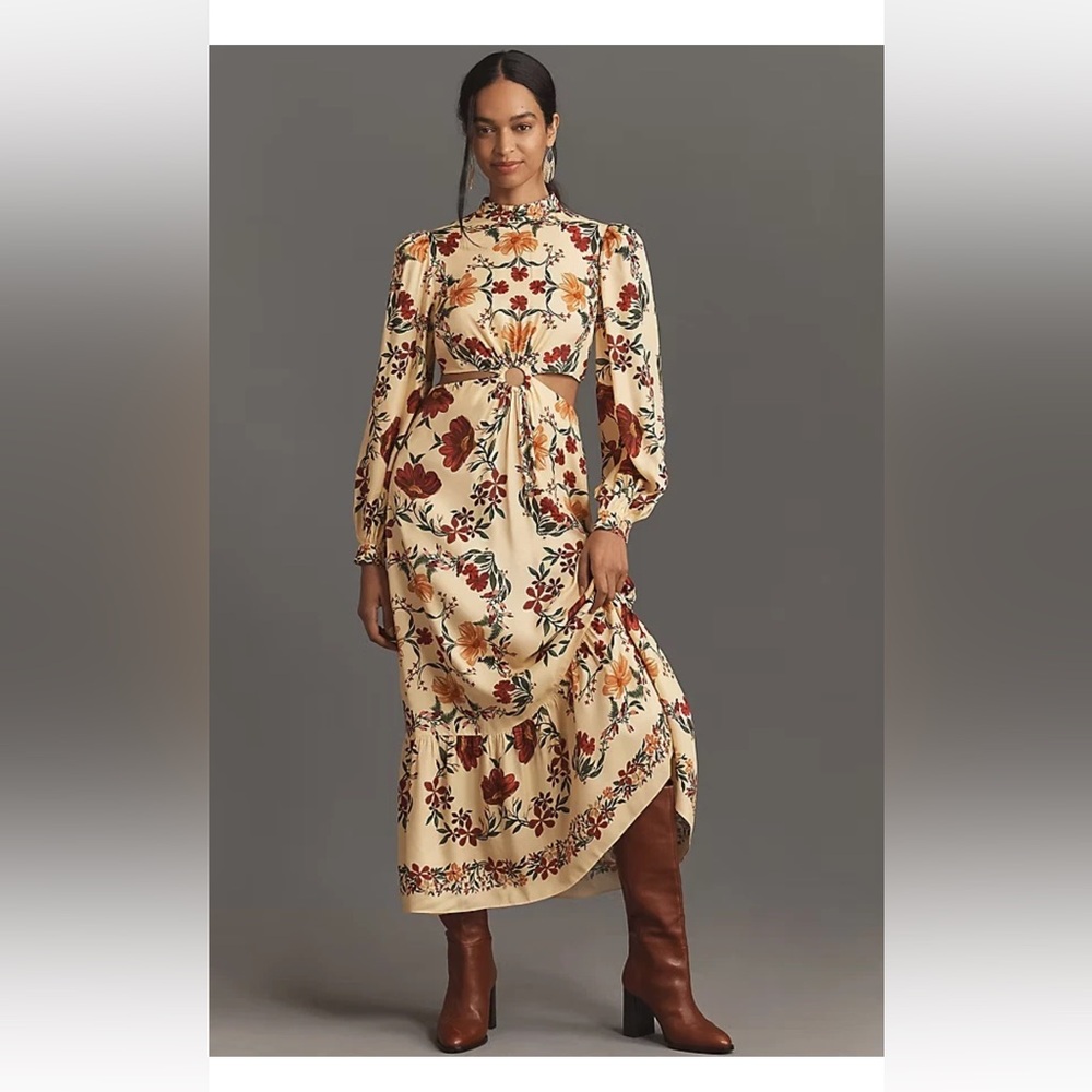 Farm Rio x Anthropologie Long-Sleeve Yellow Cutout Maxi Dress Small‎ NWT